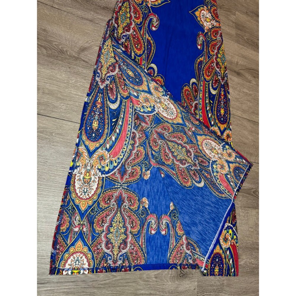 Blue Paisley Maxi Dress Open Back Criss Cross Side Slits Small - Picture 2 of 6